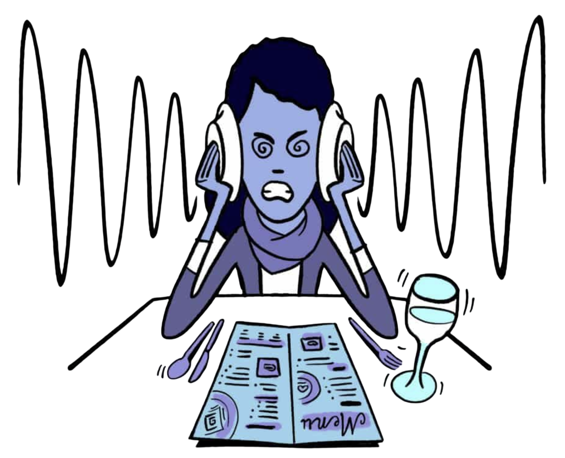 Illustration of a person at a restaurant table wearing headphones, overwhelmed by loud sound waves